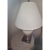 Image 2 : Brass and Ceramic Lamp 7.5 X 7.5 Base, 29 T to Top of Finial, Decorator Table 20" Diameter and Cloth