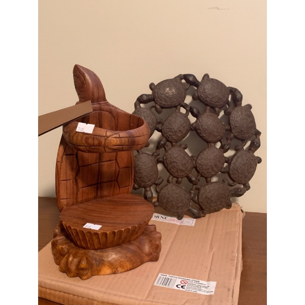 Walnut Hand Carved Turtle Wine Holder 12T & Metal Turtle Stepping Stone 