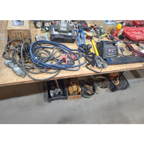 Milwaukee Cordless Grease Gun, Motomaster Charger, Hoist Chains and Shop Table