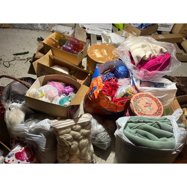 large amount of fabric, sewing supplies yarn felt coffee cups and other cups 