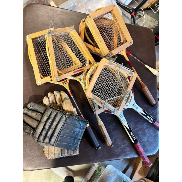 Two vintage tennis rackets Four badminton rackets & two Antique hockey gloves 
