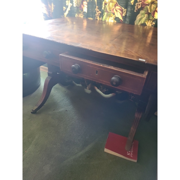 Antique Wooden Table with Side Flaps and 2 Drawers, with Flaps Open 58 L, 28 T 27 W