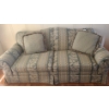 Image 1 : Lovely 3 Seater Couch Upholstered in Green |& Beige Floral Fabric. 80 w, 37 h, 36 d