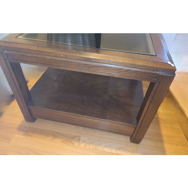 Wood Side Table w/ Rattan Detail and Glass Top  27 W, 22 D, 20.5 T 