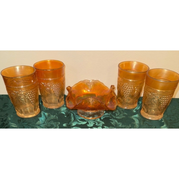 Grape & Cable Marigold Carnival Glass Four Tumblers & Pedestal Dish by Northwood Co