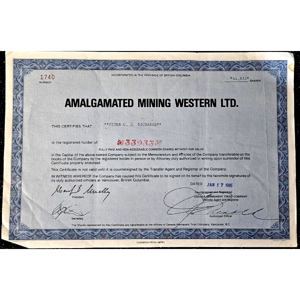 Vintage Stock Certificate (1985, Amalgamated Mining Western Ltd.) #1