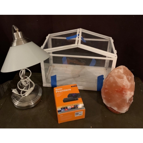Classic Lamp, Salt Lamp, Roku Remote, Glass Storage 