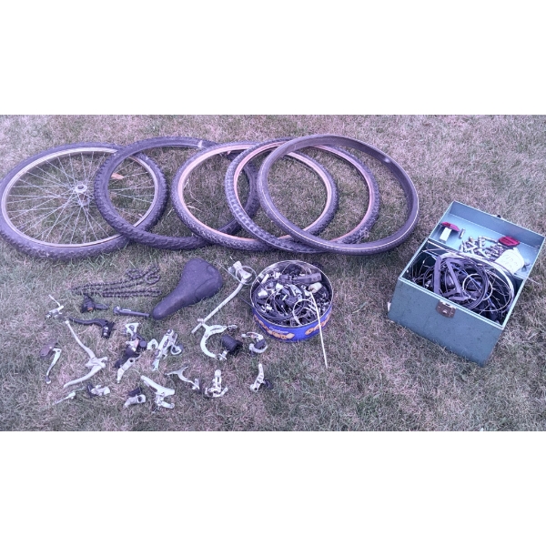 Bicycle Parts and Accessories Including Wheels, Saddle, and Hardware