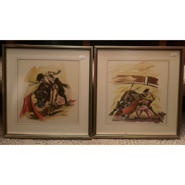 Vintage Spanish Bullfighters Water Color Paintings By "Cruz"