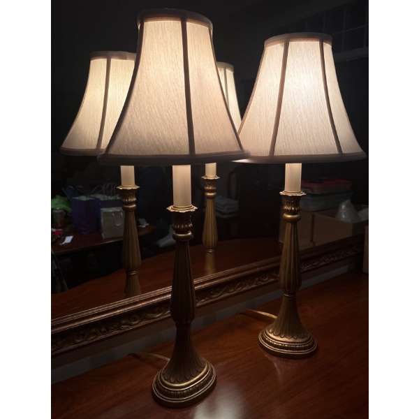 Vintage Brass Finish Candlestick Table Lamps w/ Fabric Shades (Tested)