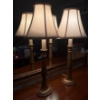 Image 1 : Vintage Brass Finish Candlestick Table Lamps w/ Fabric Shades (Tested)