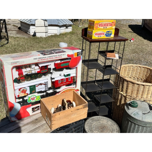 Wicker, laundry basket, two Velveeta advertising boxes, a Christmas train, set vintage door knobs