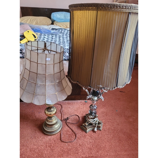 Brass Lamp with Tiffany- Style Lampshade 30 T, and Ornate Base Lamp with Pleated Shade 38 T 