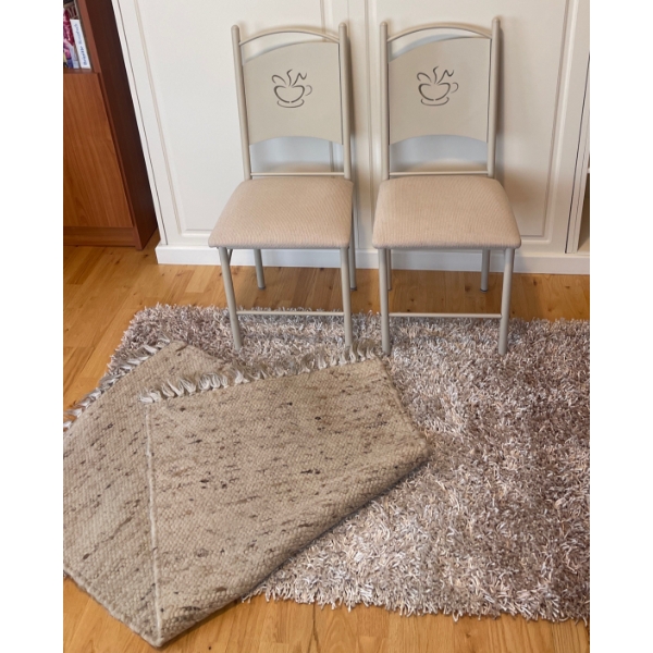 2 Coffee Themed Accent Chairs w/ Contemporary Shag Rug & Reversable Woven Wool Tasselled Rug 