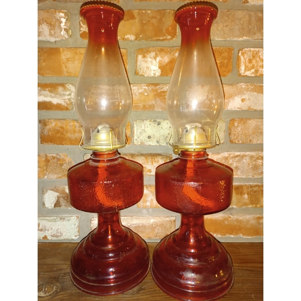 Vintage Ruby Red Flash Hurricane Oil Lamps  (X2) Kerosene Lantern