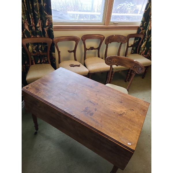 Wooden Dining Table on Wheels  55 L with Flaps Open, 46 W, 29 T and 6 Assorted Side Chairs