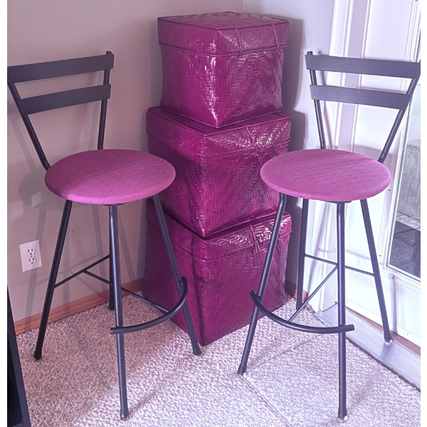 Black Metal Bar Stools with Purple Fabric Seats