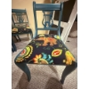 Image 6 : 4 Blue Painted Wood Lyre Back Chairs with Patterned Upholstery