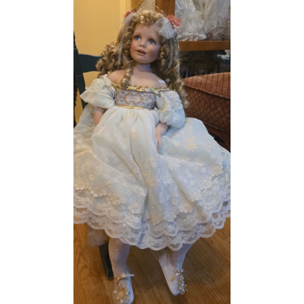 Lovely Large Porcelain Doll w/ Green Small Rocking Chair - Doll is 35T