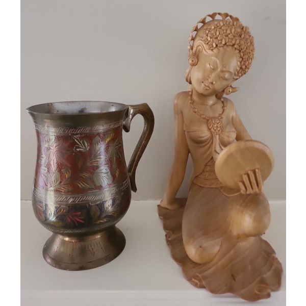  Gorgeous Wood Hand Carved Woman (7W, 9T) w/ Stunning Brass Cup, Hand Painted, Intricate Detailing  