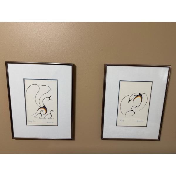 Pair of Indigenous Art Pieces 'Family Swim' & 'Security' Illegible Signature (12x15 Each)
