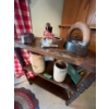 Image 1 : antique small corner table with two antique irons, one with folder and a vintage electric iron and t