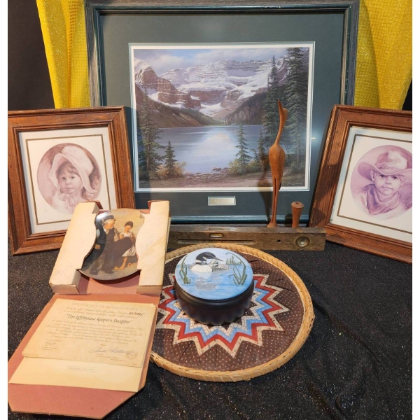 Decor and Art Lot: Fred Buchwitz Print, Framed Western Kids Prints, and Decorative Items
