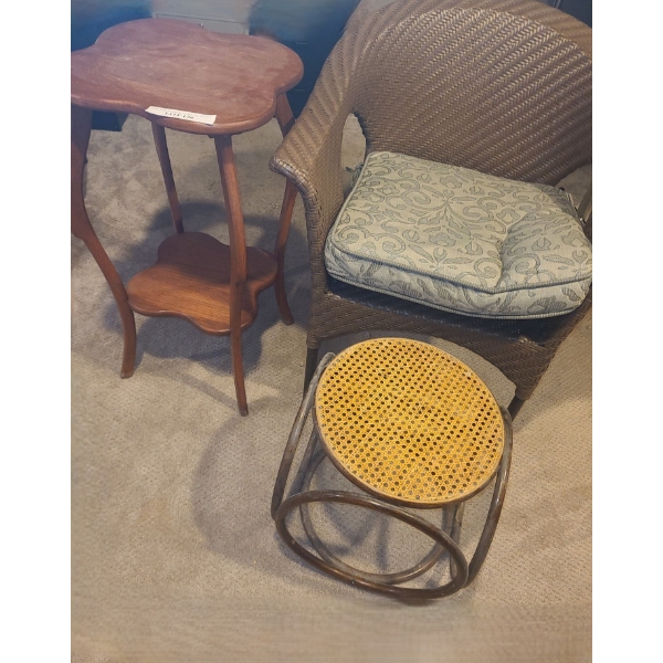Wood Side Table, Brown Indoor Outdoor Chair w  Cushion, Mid Century Modern Ottoman