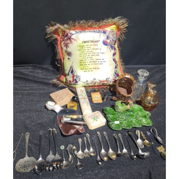 Pillow 15 X 15, Deer Jar 6 T, Cutlery and Collector Spoons, Assorted Decor- Egg Decor 9.5 X 6