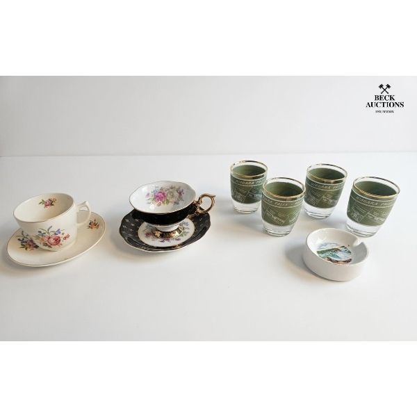 Vintage Collectibles Include Tea Cup And Saucer Sets, Niagara Falls Glasses & A Small Dish. 
