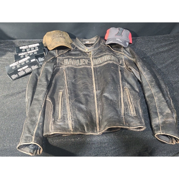Harley Davidson: Black Leather Jacket Size Large, Baseball Hats and Safety Eyewear
