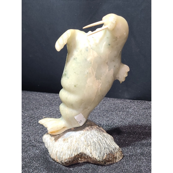 Indigenous Art Soapstone of Dancing Walrus w/ Ivory Tusks, Artist: Zeke Mikeejuk, 5 W, 4 D, 8.5 T 