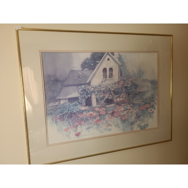 Framed Print of Watercolor Country House 33 X 25, Signature Photographed/ Illegible