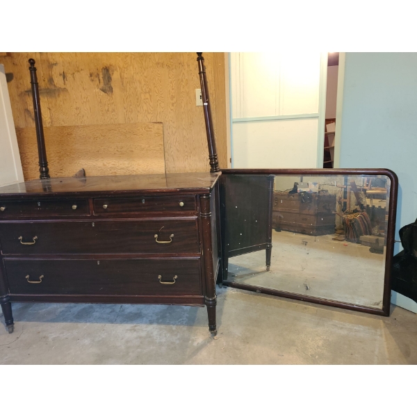 Dark Finish Wooden Dresser on Wheels 65 T,  53 L, 25 W, 2 Small / 2 Large Drawers, Mirror Included