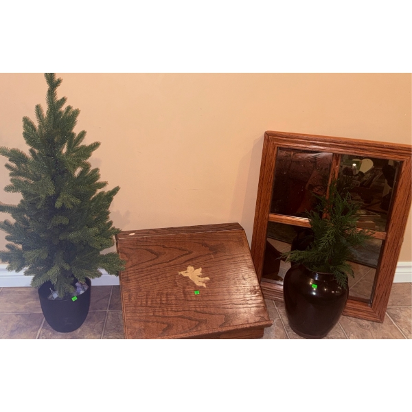 Two Artificial Potted Trees, Framed Wall Mirror, and Wood Storage Bin