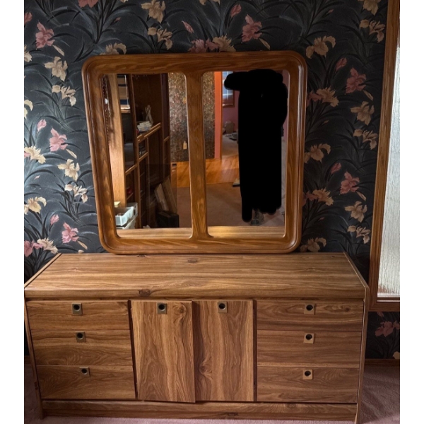 Large Wooden Dresser w/ Large Mirror, Bring Help - 65W, 18D, 72T 