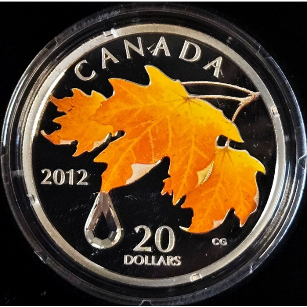 2012 $20 Sugar Maple w/ Swarovski Crystal Raindrop - 99.9% Fine Silver Coin