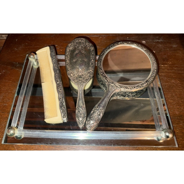 Vintage Silver Plated Vanity Set- Hand Mirror, Hair Brush, & Comb w/ Mirrored Tray  (16"x11"tall)