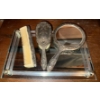 Image 1 : Vintage Silver Plated Vanity Set- Hand Mirror, Hair Brush, & Comb w/ Mirrored Tray  (16"x11"tall)