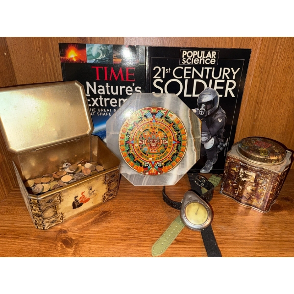  Can With Pennies & German Coins, Watch Bands, Pocket Watch, Aztec