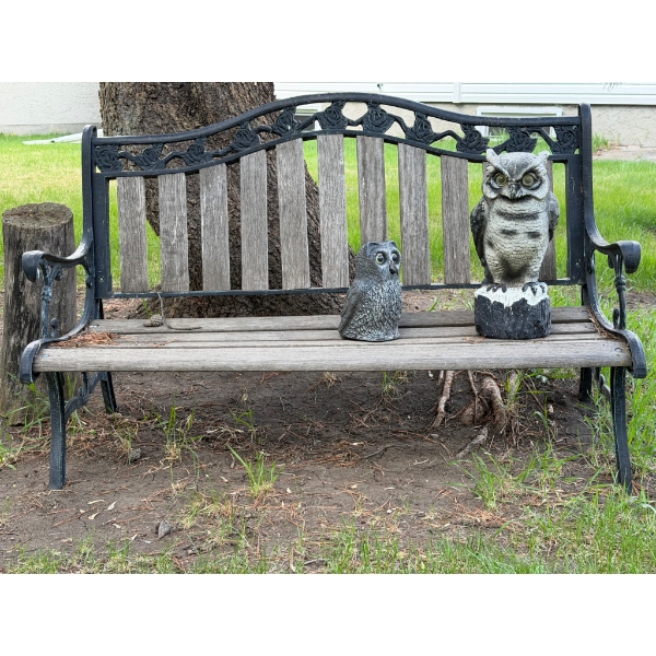 Metal and Wood Park Bench With Owl Statues Accentuation