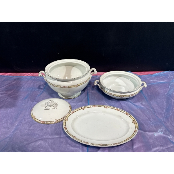 Semi Porcelain Serving Tray, Soup Tureen and Dish By: Bridgwood & Son 