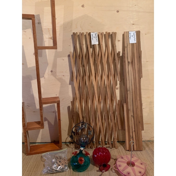 Lot Of Garden Decor, Garden Trellis, Hand Crafted Glass Hummingbird Feeders and Windchimes