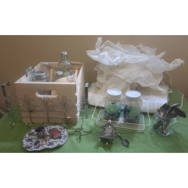 Household Decor Lot Including Glassware, Wire Organizer, Krusning IKEA Pendant Lamp and Accessories