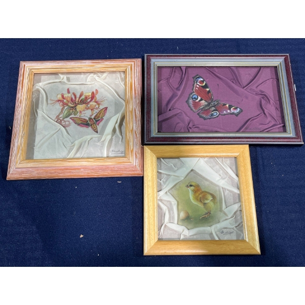 Pamela Budge, Hawk Moth on Honeysuckle, Chick, and Peacock Original Pieces - 7Wx7H, 5Wx5H, 8Wx5H
