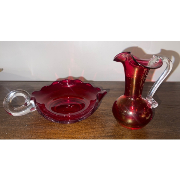 Beautiful Ruby Red Murano Art Glass Wedding Pitcher 5T w/ Clover Candy Dish 