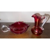Image 1 : Beautiful Ruby Red Murano Art Glass Wedding Pitcher 5T w/ Clover Candy Dish 