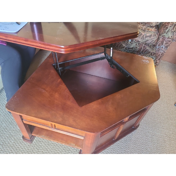 Wooden Hinged Top Coffee Table (35"W, 18"T closed, opened 28"T) 