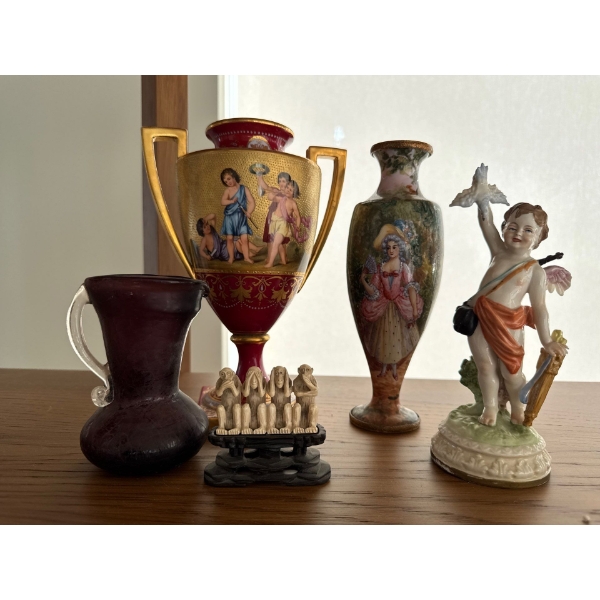 Carved Ivory 'Do No Evil' 4 Monkeys w/ Antique Decorative Vessels 9T & More