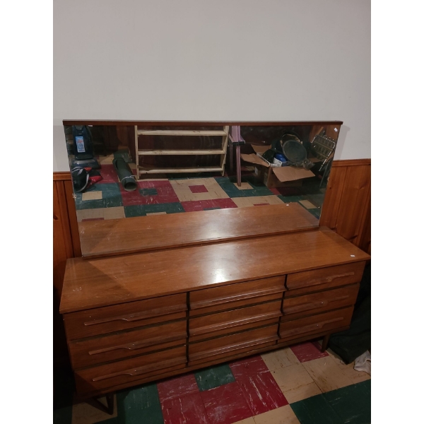 Vintage Dresser with 9 Drawers and Attached Mirror 60 T, 37 L, 17 W